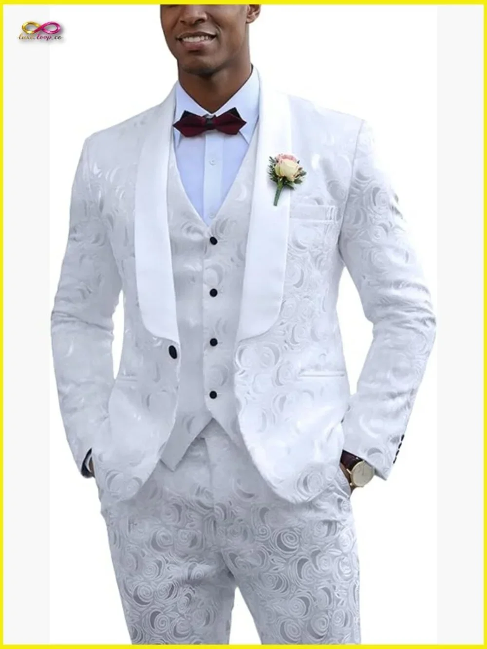 Men's Jacquard Wedding Suit Slim Fit Blazer Vest Pants Elegant Formal